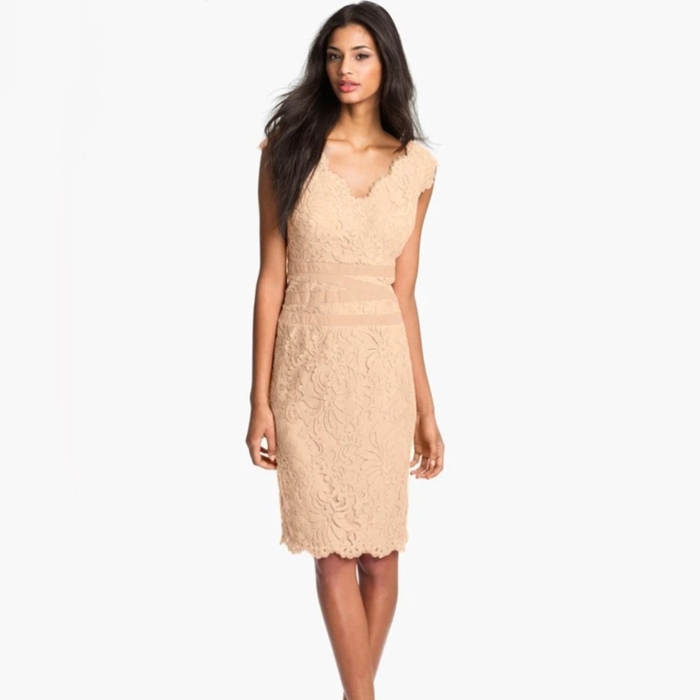 Tadashi Shoji Lace and Tulle Sheath Dress Nude Cocktail  Wedding Guest Size 8